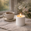 Lit hand-painted white concrete candle beside a steaming cup of tea by a window with soft flowers in natural light