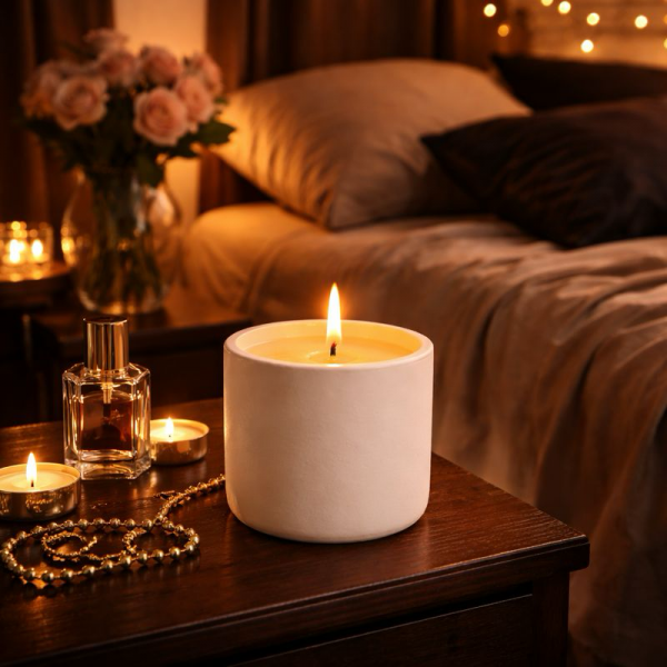 Lit candle in a minimalist white concrete jar on a dark wooden bedside table, surrounded by warm candlelight in a softly lit bedroom setting.