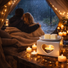 Me, You & The Rain wax melts styled beside a heart-shaped wax burner inside a cosy glamping tent, with candlelight, soft fairy lights, and rain falling outside