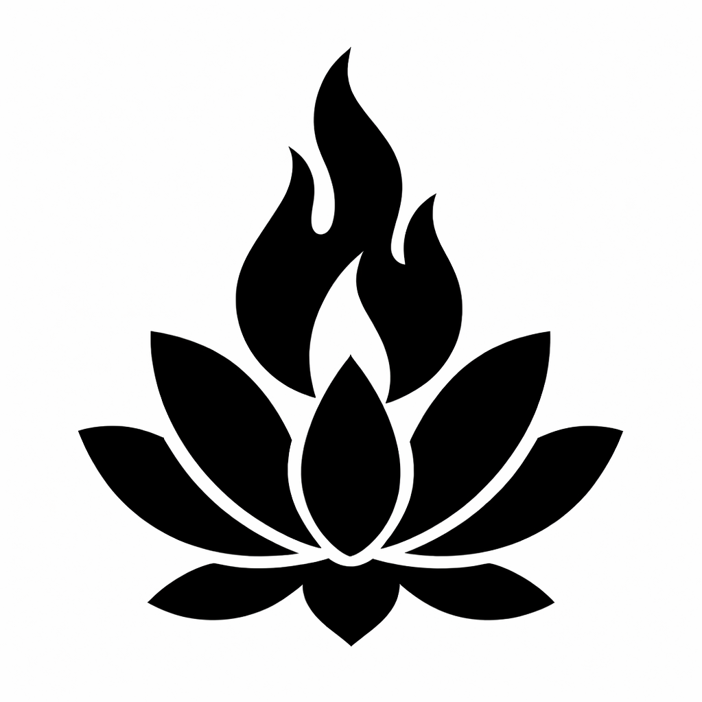 Wisdom of Light logo featuring a lotus flower with a central flame, symbolising calm, mindfulness, and warmth.